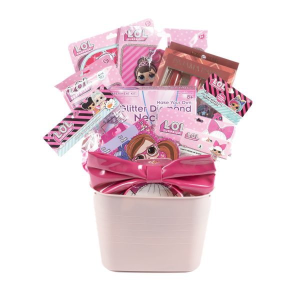 The LOL Surprise Gift Basket is packed with a variety of themed items including a glitter diamond necklace kit, a coloring book, a fashion doll, and various accessories. Each item is beautifully arranged in a vibrant pink and purple package and presented in an elegant light pink container.