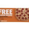 An orange coupon featuring a "FREE CLASSIC ROUND" offer for a cheese or pepperoni pizza from Little Caesars is ideal for the Night Out Basket - Pizza & Movies. The coupon displays an image of a pepperoni pizza and includes promotional details along with the brand's logo at the bottom.