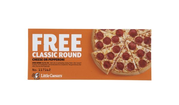 An orange coupon featuring a "FREE CLASSIC ROUND" offer for a cheese or pepperoni pizza from Little Caesars is ideal for the Night Out Basket - Pizza & Movies. The coupon displays an image of a pepperoni pizza and includes promotional details along with the brand's logo at the bottom.