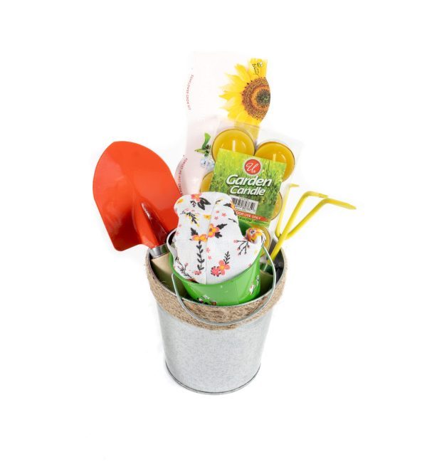 The "Love My Garden" small galvanized metal bucket features a charming "Love My Garden" design and includes a red hand shovel, yellow hand rake, floral-patterned gardening gloves, sunflower seeds, and garden candles. It boasts a natural fiber handle with the gardening tools extending from the top.