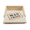 The Man Crate Gift Box is a light-colored, unfinished wooden box with "MAN CRATE" boldly stamped in black letters on the slightly ajar sliding lid, revealing its empty interior. This versatile crate makes an ideal gift for any occasion.