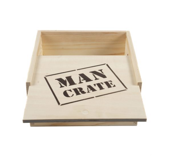 The Man Crate Gift Box is a light-colored, unfinished wooden box with "MAN CRATE" boldly stamped in black letters on the slightly ajar sliding lid, revealing its empty interior. This versatile crate makes an ideal gift for any occasion.