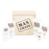 A wooden crate labeled "Man Crate Gift Box" is surrounded by Bulldog skincare products, including After Shave Balm, Original Face Wash, Protective Moisturizer SPF 15, and Two-in-One Beard Conditioner. This gift box sits against a white background.