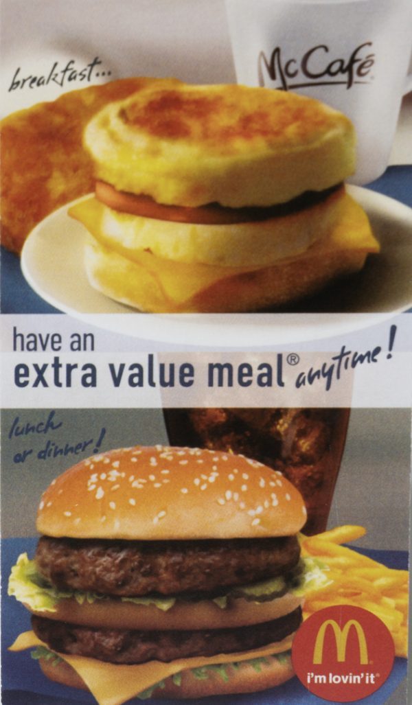 McDonald's promotional poster featuring breakfast and lunch options. The top section showcases a You Are My BFF Mug Gift Basket with Free Food Certificate and a breakfast sandwich with the caption "breakfast...". The bottom section displays a burger, fries, and a drink with the text "have an extra value meal® anytime! lunch or dinner!