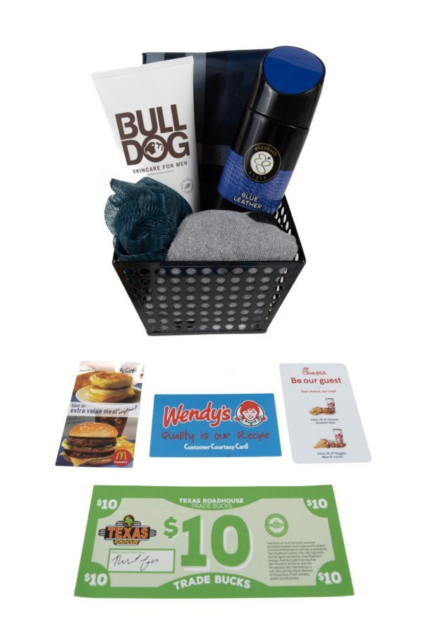 A Men's Spa Bucket with Free Food Certificate is displayed, featuring Bulldog Skincare products, a loofah, and shaving gel. Below the spa bucket, there are free food certificates for McDonald's, Wendy's, Chick-fil-A, and Texas Roadhouse.