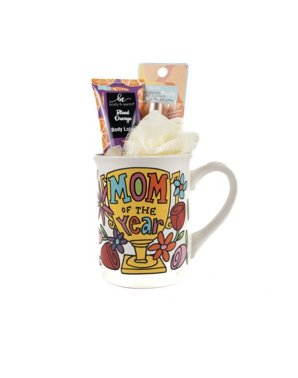 The "Mom of the Year" Mug Gift Basket with Free Food Certificate features a white mug adorned with colorful flowers and "Mom of the Year" written on it. The package includes a body lotion tube, a bath sponge, and a nail file set.