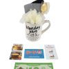 The "Monday Mug Gift Basket with Free Food Certificate" features a white mug adorned with the text "Monday Mug" in black, filled with a loofah, a pack of socks, and a small round soap. Beneath the mug lies a gift basket containing free food certificates and coupons from Wendy's, McDonald's, Texas Roadhouse, and Chick-fil-A.