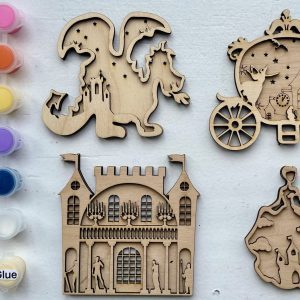 The image displays the Princess Craft Kit, which includes four unpainted wooden figures: a dragon, a horse-drawn carriage, a castle, and a princess. The kit also comes with five small paint pots in yellow, pink, purple, orange, and blue. Additionally, it contains a glue container and four paintbrushes.