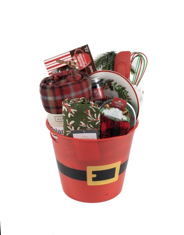 Make this holiday season special with the Christmas Santa Bucket! This festive gift bucket, designed to resemble Santa's belt, is brimming with Christmas-themed treasures. Inside, you'll find a cozy red and green plaid blanket, delicious candy canes, a metal skillet, seasonal foliage, assorted chocolates, a hand towel adorned with holiday designs, and a cheerful printed mug.