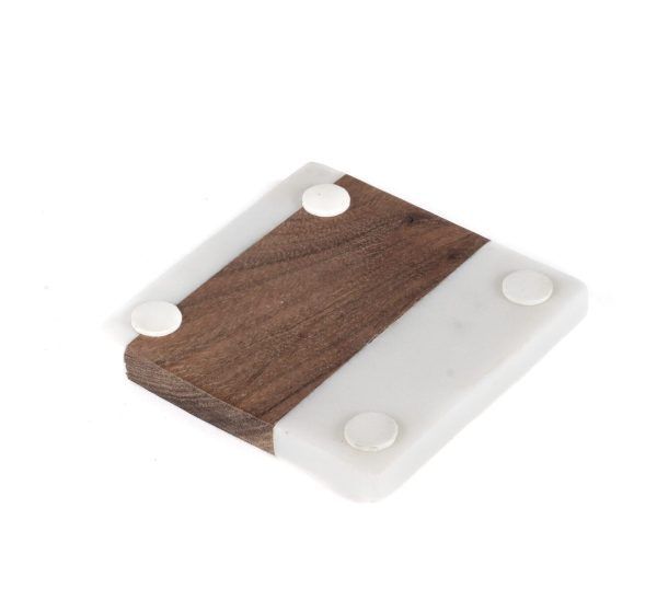 An inspirational coaster from the "Inspirational Coasters - Choose Your Design & Quantity" collection, crafted with a combination of wood and white marble-like material. The design includes three wooden sections separated by two white sections. It features four small protective rubber pads at the corners on one side, delivering style and functionality in every quantity.