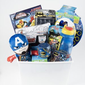 Introducing the Adult Gambling Night Basket—a white basket brimming with various children's toys themed around superheroes. Inside, you'll find a plush Captain America head, Batman action figures, a Marvel puzzle, a water bottle, a coloring book, a bubble pinwheel, and an assortment of character-themed toys and games—perfect for keeping both kids and adults entertained throughout the night.