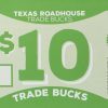 An image of a $10 Texas Roadhouse Trade Buck included in the "You are my BFF Mug Gift Basket with Free Food Certificate." The green food certificate features the Texas Roadhouse logo, a manager's signature, and usage terms on the right side. The words "$10 Trade Bucks" are prominently displayed in the center, with decorative elements around the edges.