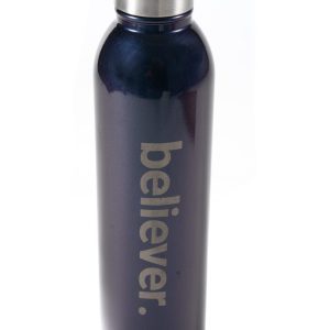 A dark blue metallic Stainless Steel Tumbler - Believer with a silver cap is shown. The word "believer." is printed vertically in large white letters on the front of the tumbler. The tumbler stands upright against a white background.