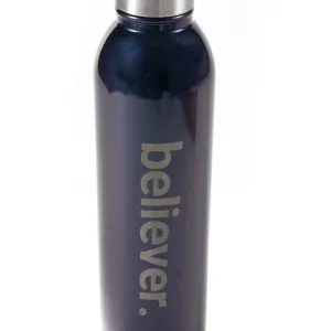 A dark blue metallic Stainless Steel Tumbler - Believer with a silver cap is shown. The word "believer." is printed vertically in large white letters on the front of the tumbler. The tumbler stands upright against a white background.