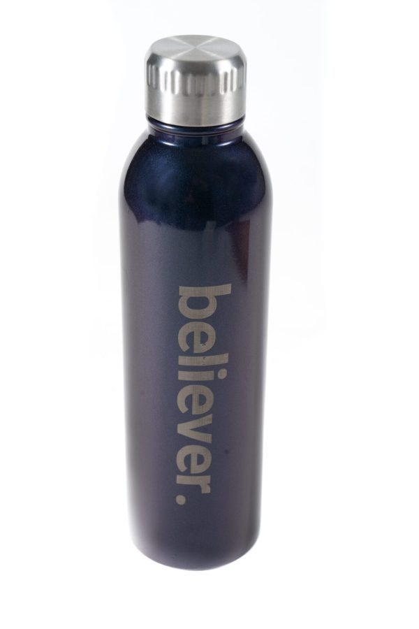 A dark blue metallic Stainless Steel Tumbler - Believer with a silver cap is shown. The word "believer." is printed vertically in large white letters on the front of the tumbler. The tumbler stands upright against a white background.