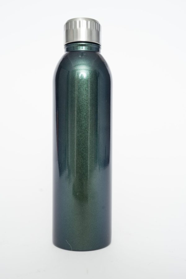 Introducing the Stainless Steel Tumbler - Choose Your Color: a sleek, metallic green water bottle featuring a silver screw-on cap. This stylish tumbler boasts a slightly reflective surface and stands upright against a plain white background, radiating modern elegance.