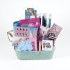 The Adult Gambling Night Basket is a pastel green basket filled with an assortment of beauty and self-care items, perfect for a relaxing night. It includes a pedicure set, hairbrushes, makeup brushes, nail file, nail polish remover, pink glittery makeup pouches, body scrubber, "Blush of Hope" lotion, and bath soaks. This basket is ideal for unwinding after an exciting adult gambling night.