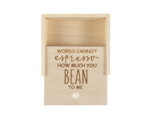 A Gift Box - Words Cannot Express How Much You Bean to Me with an engraved message that reads, "Words cannot espresso how much you bean to me." The box is open, revealing the heartfelt words on the inside surface.