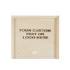 A light-colored wooden gift box, gift card size, features an engraved message in the center that reads, "YOUR CUSTOM TEXT OR LOGO HERE." The darker engraving contrasts sharply with the wood.