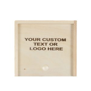 A light-colored wooden gift box, gift card size, features an engraved message in the center that reads, "YOUR CUSTOM TEXT OR LOGO HERE." The darker engraving contrasts sharply with the wood.