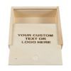 The Wooden Gift Box - Gift Card Size features an open lid that reveals a flat, light-colored interior surface engraved with the text "YOUR CUSTOM TEXT OR LOGO HERE" in dark letters. This simple and rustic box, crafted with visible wood grain, is perfectly proportioned to fit gift cards.