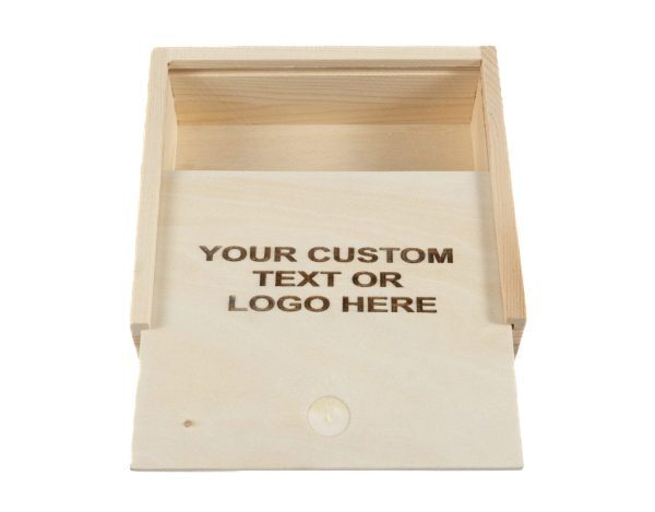 The Wooden Gift Box - Gift Card Size features an open lid that reveals a flat, light-colored interior surface engraved with the text "YOUR CUSTOM TEXT OR LOGO HERE" in dark letters. This simple and rustic box, crafted with visible wood grain, is perfectly proportioned to fit gift cards.