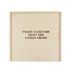 A square wooden board with a light natural finish. The center is blank, featuring the text "YOUR CUSTOM TEXT OR LOGO HERE" in dark font, indicating a space for personalized engraving or printing—an ideal addition to the Wooden Gift Box - Large Crate.