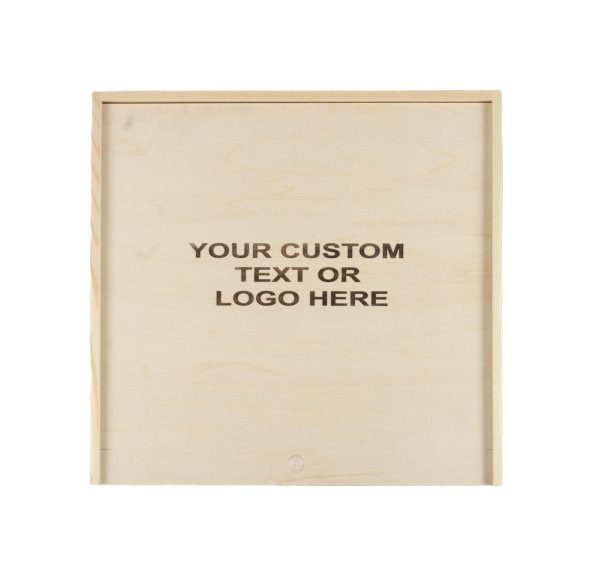 A square wooden board with a light natural finish. The center is blank, featuring the text "YOUR CUSTOM TEXT OR LOGO HERE" in dark font, indicating a space for personalized engraving or printing—an ideal addition to the Wooden Gift Box - Large Crate.