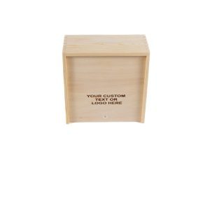 A Wooden Gift Box - Medium Crate with a flat lid, placed on a white background. The front of the medium crate includes a space for personalization, showcasing the words "YOUR CUSTOM TEXT OR LOGO HERE" printed in the center. The wood has a light, natural finish.