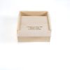 The Wooden Gift Box - Medium Crate features an open lid and is designed for customization. The interior base bears the text "Your Custom Text or Logo Here." This simple, unfinished box is displayed against a white background.