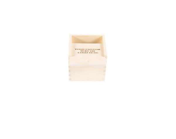 Vertical view of an empty, light-colored Wooden Gift Box - Small Planter or Bakery Size with an open lid. The interior back of the box contains a placeholder text that reads "YOUR CUSTOM TEXT OR LOGO HERE." The box is against a plain white background, making it perfect for small planter arrangements or bakery-sized treats.