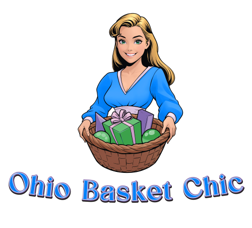 A digital illustration of a smiling woman with long blonde hair, wearing a blue dress, holding a woven basket filled with gift-wrapped boxes and green round objects. Below her, the text "Ohio Basket Chic" is displayed. The background is black.