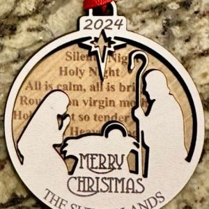 Personalized Nativity Christmas Ornament - 2 Dimensional White Paint and Natural Birch
