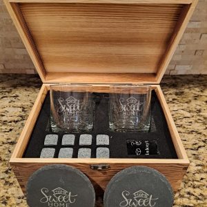 Home Sweet Home Bourbon Box with Glasses, Coasters & Whiskey Stones
