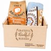Custom corporate appreciation gift sets in personalized logo wood box with bread mix and kitchen towel.