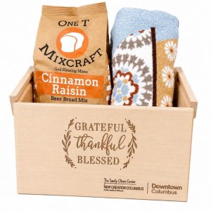 Custom corporate appreciation gift sets in personalized logo wood box with bread mix and kitchen towel.