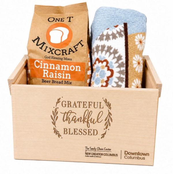 Custom corporate appreciation gift sets in personalized logo wood box with bread mix and kitchen towel.