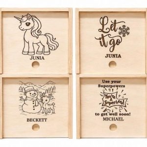 Personalized kids gift box with laser engraved name and superhero, frozen, LOL surprise, Christmas, or unicorn theme.