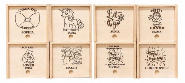 Personalized kids gift box with laser engraved name and superhero, frozen, LOL surprise, Christmas, or unicorn theme.
