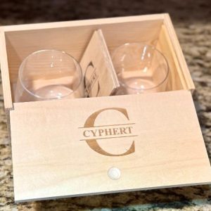 Monogrammed 5 Piece Gift Set with Glasses & Wood Coasters