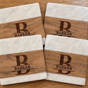 Custom Monogram Marble and Wood Coaster Set (4-Pack) – Family Gift