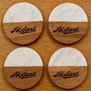 Custom branded round marble and wood coaster set 4-pack engraved with company corporate logo