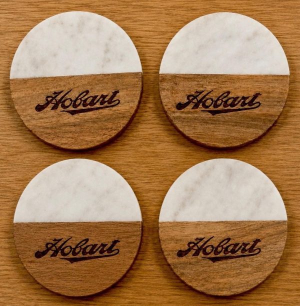 Custom branded round marble and wood coaster set 4-pack engraved with company corporate logo