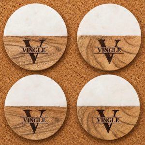 Custom monogram round marble and wood coaster set 4-pack engraved with family last name initial