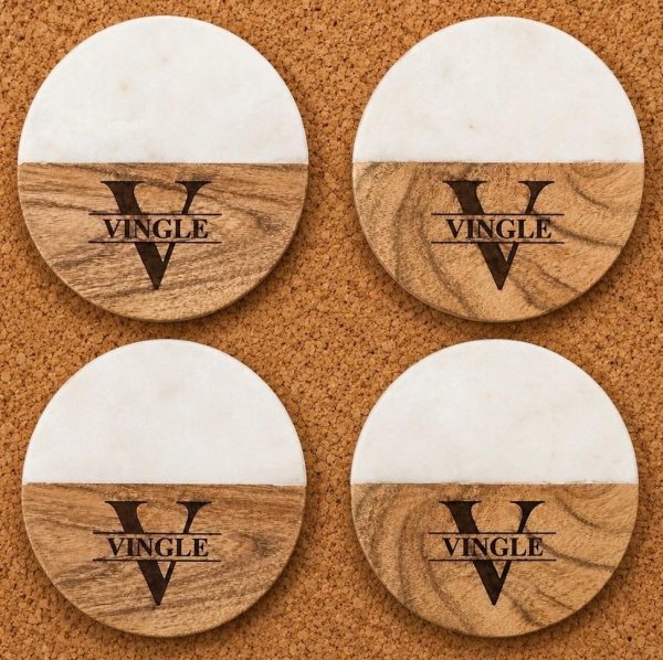 Custom monogram round marble and wood coaster set 4-pack engraved with family last name initial