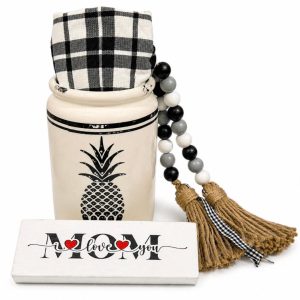 Pineapple kitchen crock gift set for Mother's Day featuring a handmade sign and ceramic crock