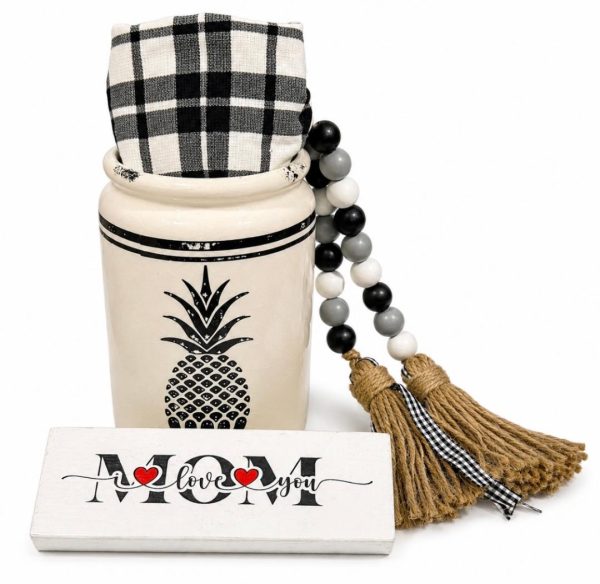 Pineapple kitchen crock gift set for Mother's Day featuring a handmade sign and ceramic crock