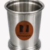 Custom logo pencil holder with corporate branding on a leatherette patch