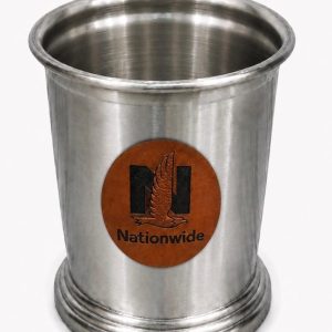 Custom logo pencil holder with corporate branding on a leatherette patch
