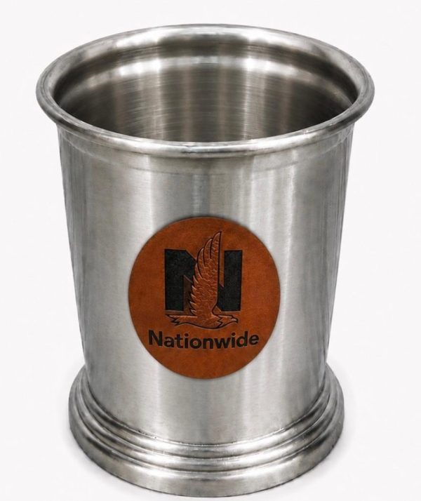 Custom logo pencil holder with corporate branding on a leatherette patch